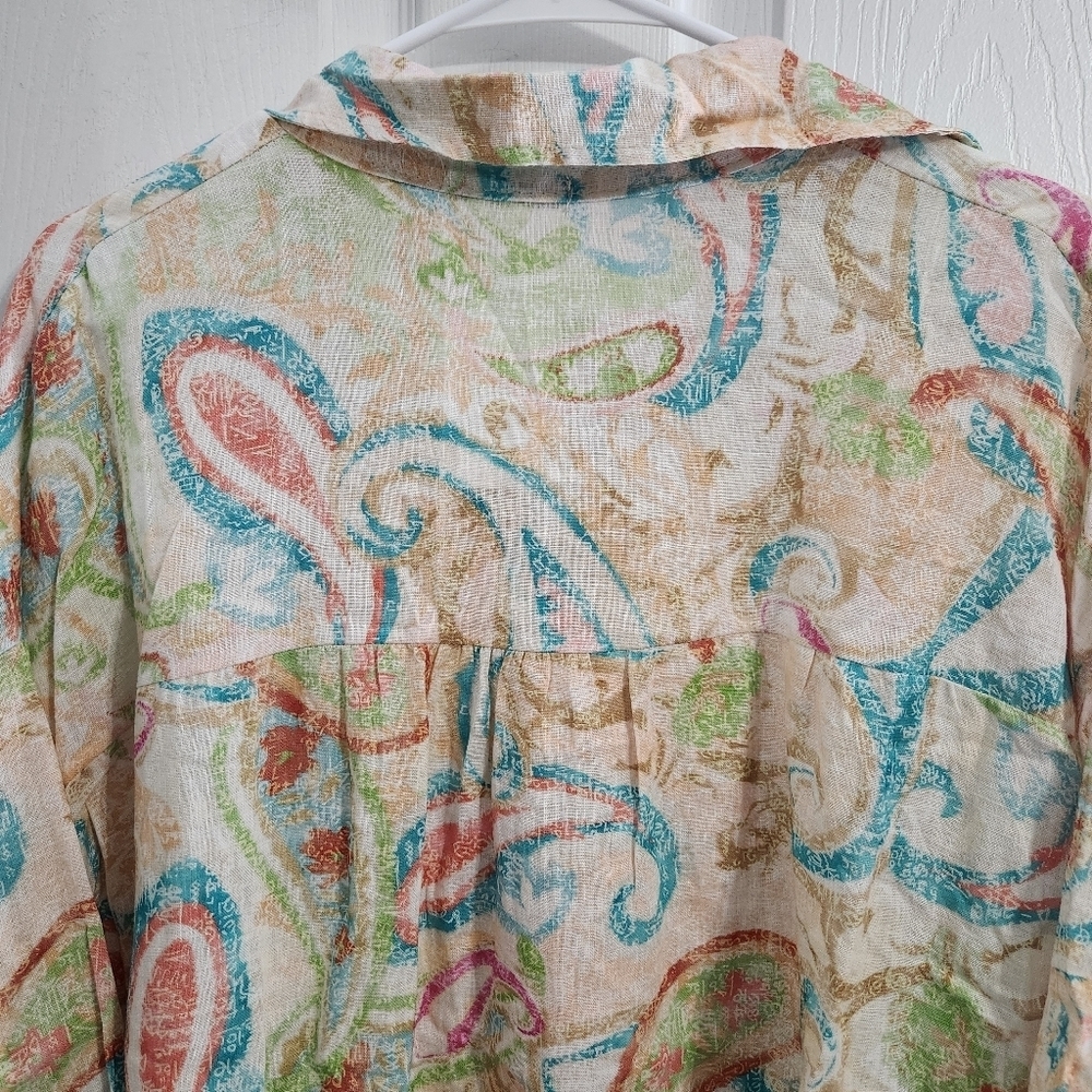 NWT Itallian 100% Linen beachy island button up shirt coastal paisley artsy OS - Picture 9 of 12